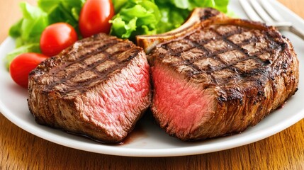 Medium-rare steaks are beautifully plated alongside a vibrant salad and ripe tomatoes, showcasing a warm culinary moment with natural lighting and inviting colors