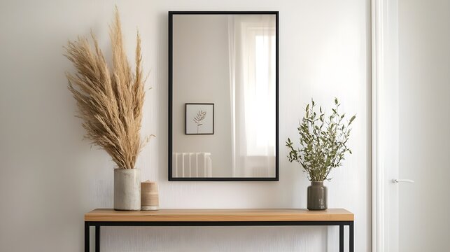 A sleek, rectangular mirror with a thin black frame, hanging above a wooden console table in a modern entryway.