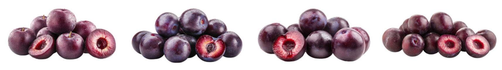 Obraz premium A cluster of dark purple plums, some whole and some cut to reveal deep red flesh, with a glossy skin, set against a white background.