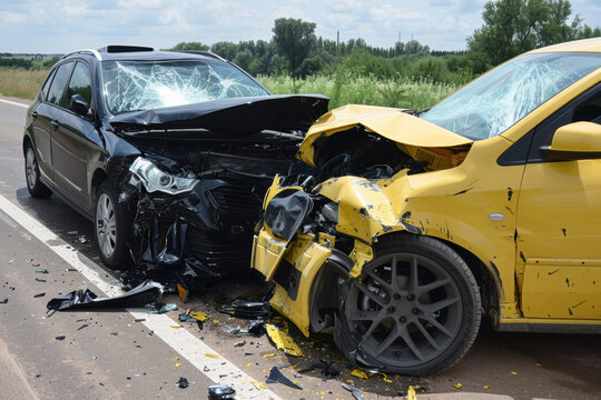 Two cars accident occurred on rural road. Dangerous driving led to head-on collision, leaving both cars severely damaged