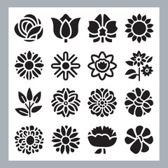 Set of logotype icons flowers Rose, Tulip, Orchid, Sunflower, Lily, Daisy, Daffodil, Jasmine, Lavender, Marigold, Peony, Chrysanthemum, Hibiscus, Poppy, Violet silhouettes in white background