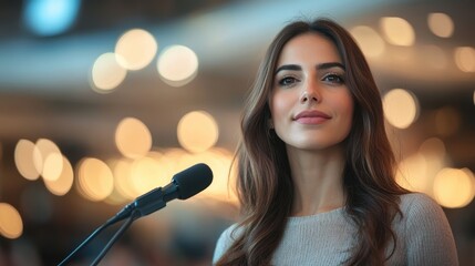 a confident businesswoman leading a conference in a modern office setting, representing leadership and success