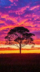 Obraz premium Silhouette of a Tree Against a Vibrant Sunrise