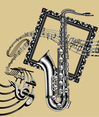 Naklejka premium Musical placard with notes on winding lines, a saxophone and a classic square picture frame in black and white vintage engraving style. Vector illustration