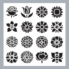 Set of logotype icons flowers Rose, Tulip, Orchid, Sunflower, Lily, Daisy, Daffodil, Jasmine, Lavender, Marigold, Peony, Chrysanthemum, Hibiscus, Poppy, Violet silhouettes in white background