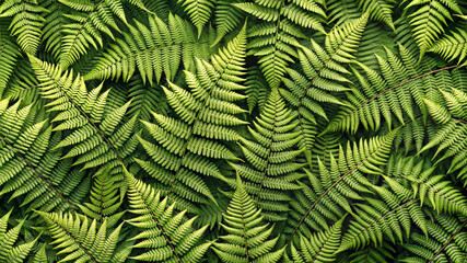 Lush fern leaves background in bright green tones with copy space