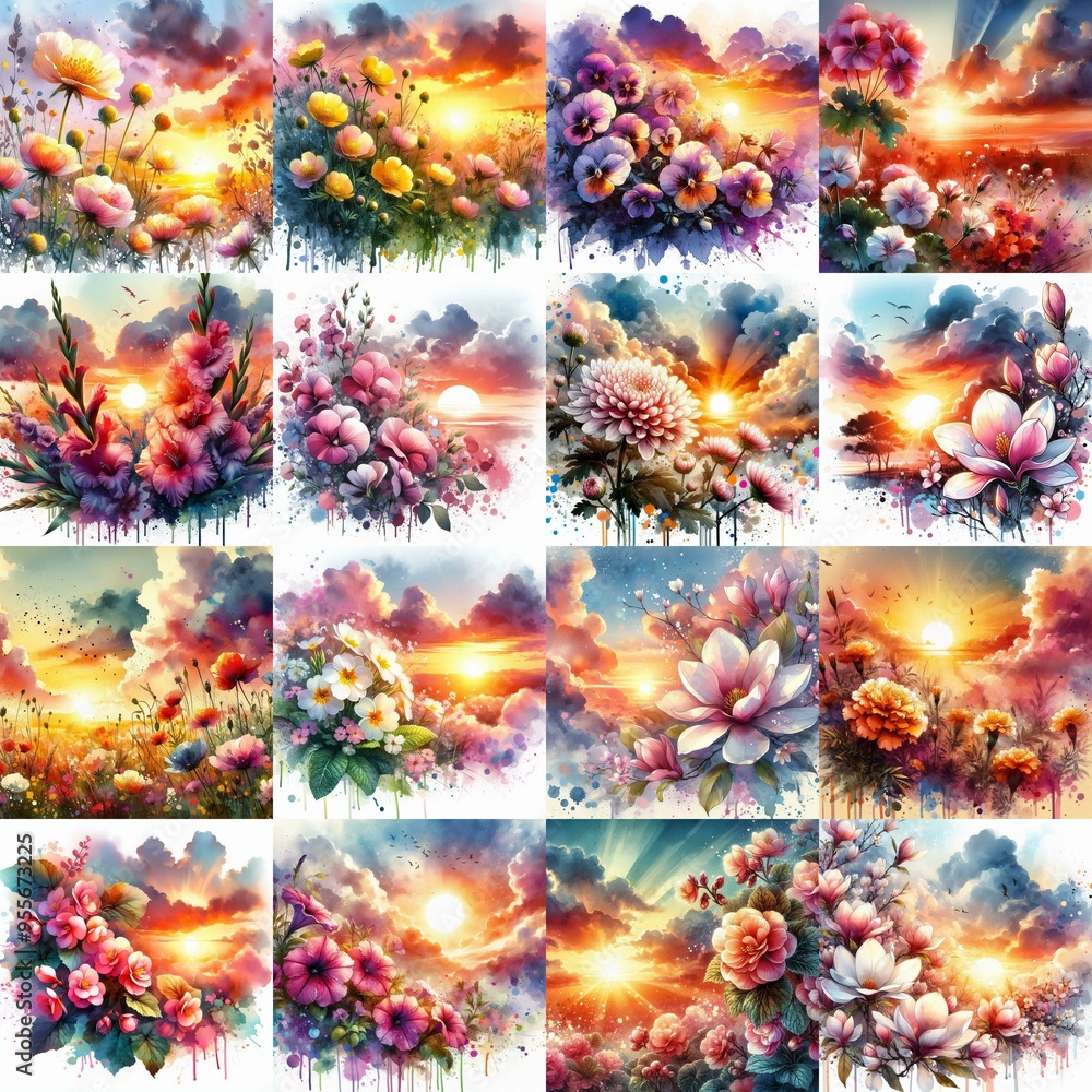 Poster watercolor flowers and sunset drawing style floral background. ai generated illustration