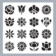 Set of logotype icons flowers Rose, Tulip, Orchid, Sunflower, Lily, Daisy, Daffodil, Jasmine, Lavender, Marigold, Peony, Chrysanthemum, Hibiscus, Poppy, Violet silhouettes in white background