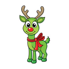 Fototapeta premium Christmas Green Reindeer with Red Ribbon on White Background for Festive Holiday Designs