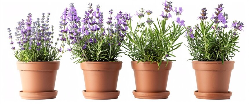 Close-up of rosemary plants with purple flowers in terracotta pots