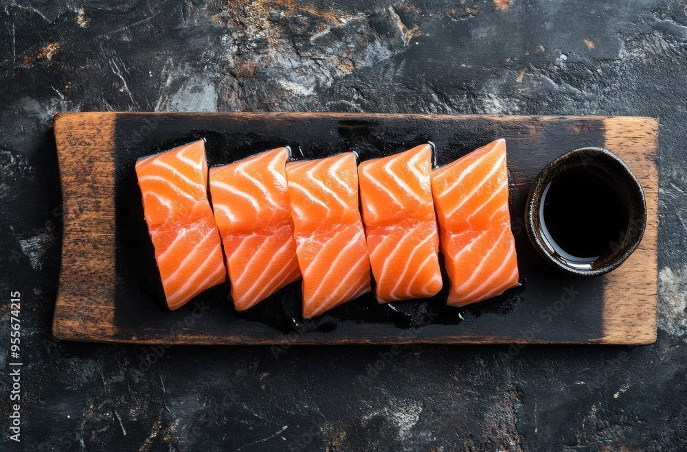 Sticker Fresh Salmon Sashimi on a Wooden Board with Soy Sauce