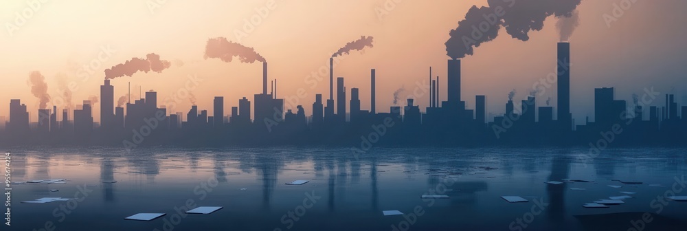 Poster A dense layer of smog hangs over a city skyline with factory silhouettes, while plastic debris floats on a polluted river below. Generative AI