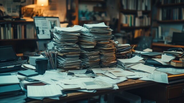 a cluttered desk with stacks of papers, representing a disorganized workspace lacking clear surfaces for efficient work
