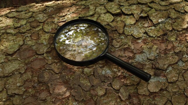 A magnifying glass lies on the trunk of a spruce - taking a closer look at nature or forest dieback
