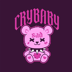  Y2k Teddy Bear with Crybaby text apparel print design - vector illustration. Rave style Dead Bear sticker, black and pink colors. Cute gothic Teddy Bear toy with studded collar for tee print design