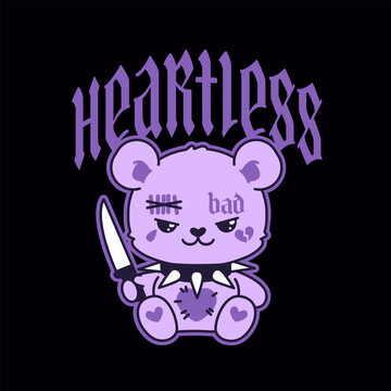 Y2k Teddy Bear with knife and Heartless text apparel print design - vector illustration. Rave style Bear sticker, purple colors. Cute gothic Teddy Bear toy with studded collar for tee print design