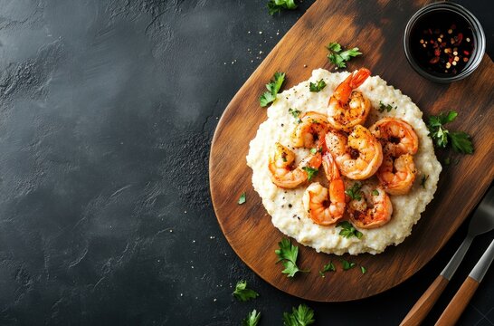 Shrimp and Grits on a Wooden Cutting Board