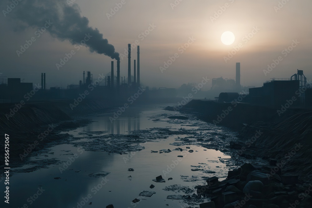 Aufkleber a dense layer of smog obscures a metropolis, with factory silhouettes and a river choked with plasti