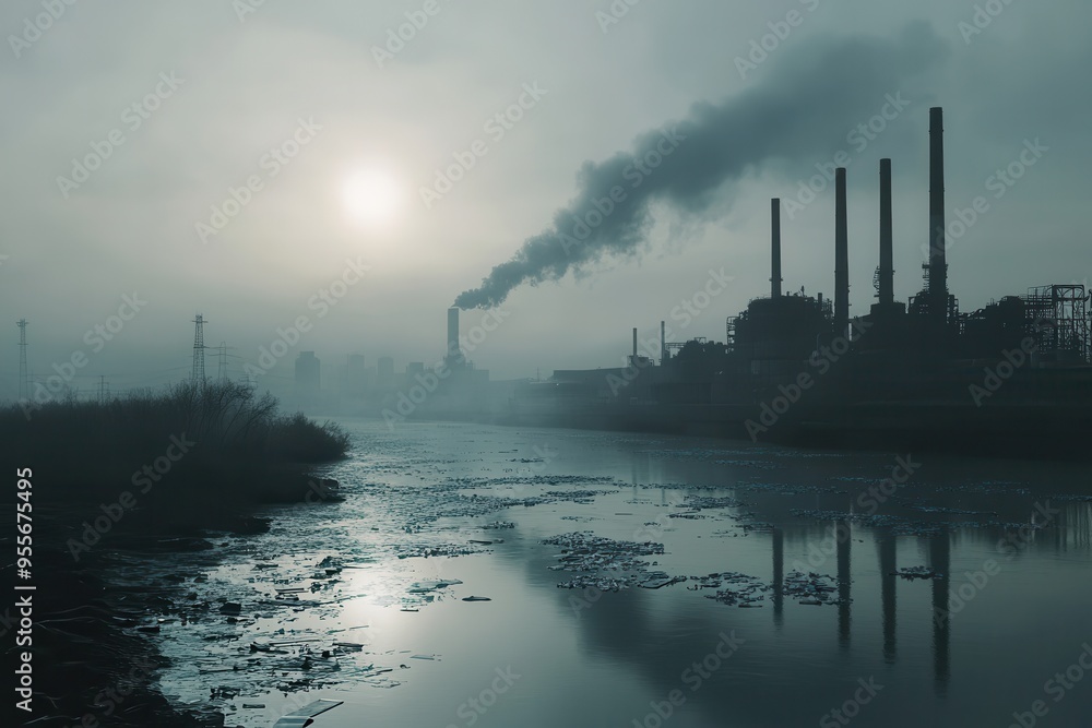 Poster smog envelops a city skyline as factories emit smoke, while a river choked with plastic reflects fad