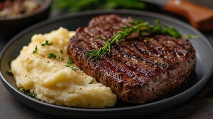 food photography, grilled steak and creamy mashed potatoes, a delectable delight for those who savor meat