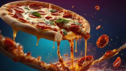 A slice of pepperoni pizza with melted cheese dripping from it