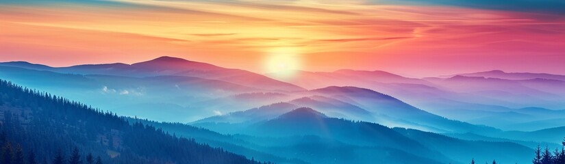 Fototapeta premium Majestic Sunset Over Misty Mountain Range with Colorful Sky