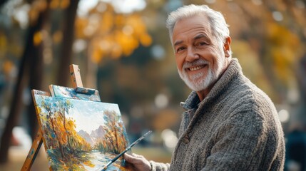 elderly man enjoying painting outdoors, showcasing artistic talent in old age, concept of continued creative expression in later years