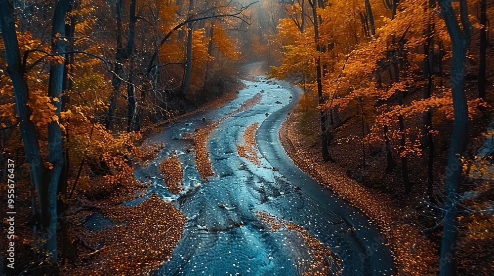 Sticker Autumnal River Stream Through a Forest