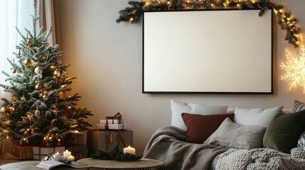 Blank white banner with Christmas decorations. Christmas mockup