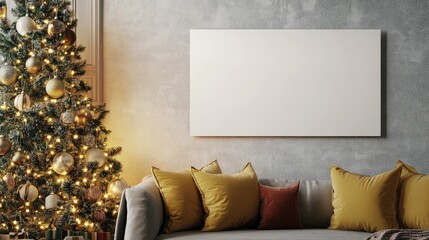 Blank white banner with Christmas decorations. Christmas mockup