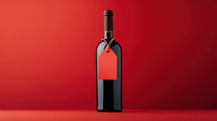 Elegant wine bottle on a vibrant red background, showcasing a blank tag for customizable labeling and branding.