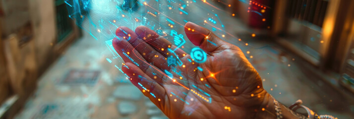 A hand displays glowing holographic symbols in a lively alleyway during the evening, merging technology and urban life