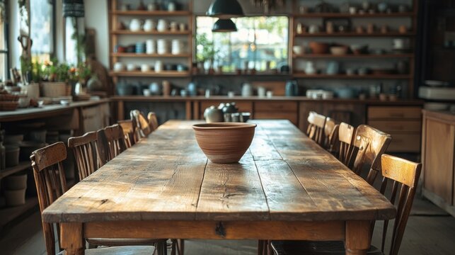 unique dining set vintage table paired with eclectic chairs and artisan pottery for a one-of-a-kind interior design look customized decor concept