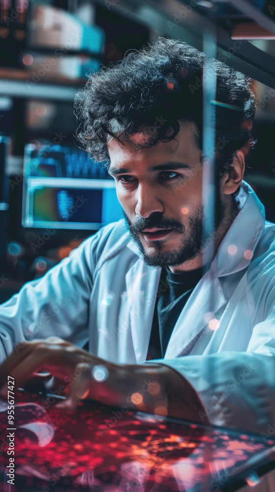Poster a focused researcher analyzes data on a screen while working with innovative equipment in a modern l