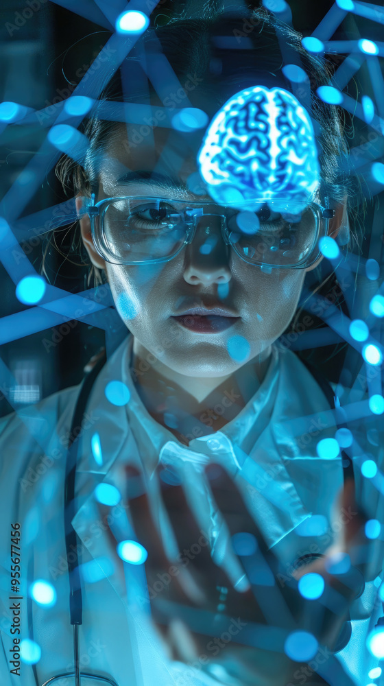 Poster a researcher examines digital brain data and neural connections using interactive technology in a di