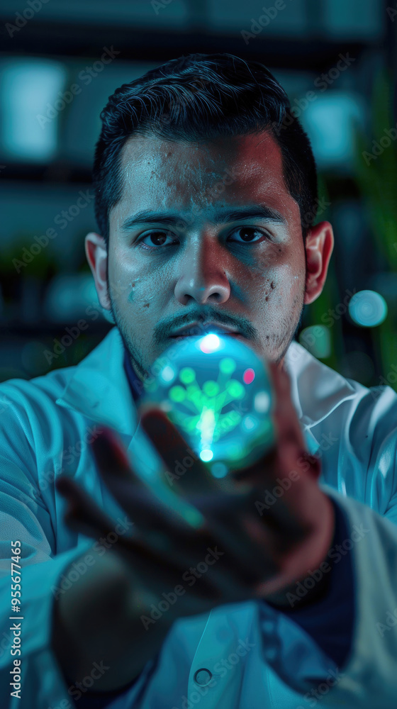 Poster a scientist examines a luminous orb in a laboratory, showcasing bioluminescent life forms in a creat