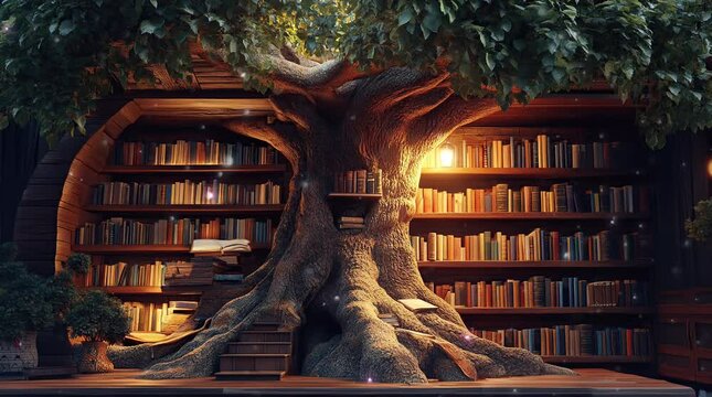 Enchanted library with a towering tree and glowing lamp creating a magical reading space
seamless looping 4k time-lapse virtual video animation background. generated ai