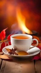  steaming cup of tea in a white teacup on a saucer, surrounded by autumn leaves and star anise, with a warm candlelight ambiance in the background. Perfect cozy autumn scene