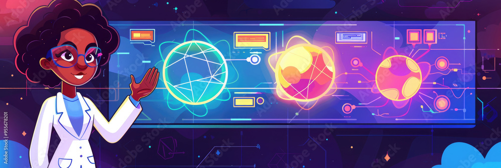Poster a scientist explains vibrant planetary models in a high-tech lab, showcasing knowledge about the uni