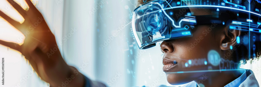 Poster a person immerses in virtual reality using goggles, interacting with digital elements in a bright of