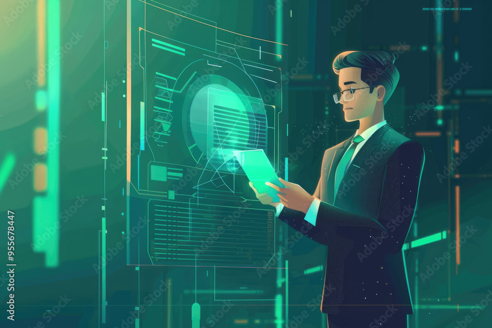 Poster a suited man stands focused on digital displays, analyzing data in a futuristic and high-tech settin