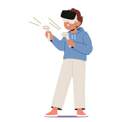 Child Boy Character Immersed In A Virtual Reality Game, Wearing A Vr Headset And Holding Controllers