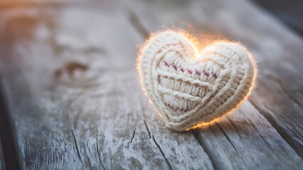 Decorative knitted heart on a wooden background selective focus