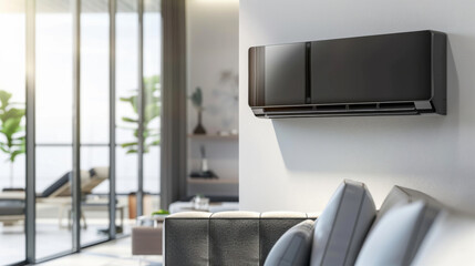 A sleek air conditioning unit is mounted on the wall of a contemporary living room. Sunlight filters through expansive glass doors, illuminating the space with warmth