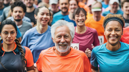 Runners of various ages and backgrounds share smiles while participating in a community charity run on a sunny morning