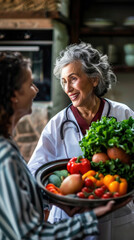 A healthcare professional smiles while presenting a basket full of colorful fruits and vegetables to a patient in consultation