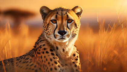 Cheetah Sitting in Tall, Golden Grass: Stealthy Predator Partially Obscured by Foliage in a Natural Habitat