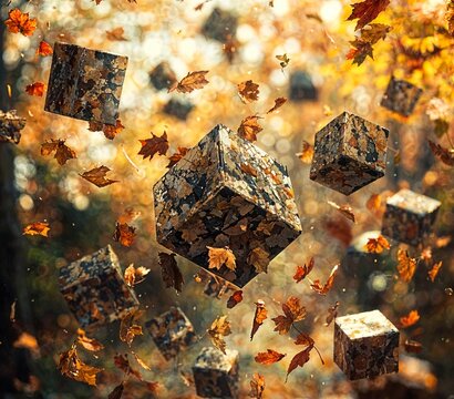 Autumn as a motif for the background, the background is done abstractly with geometric figures. Ai generated image.