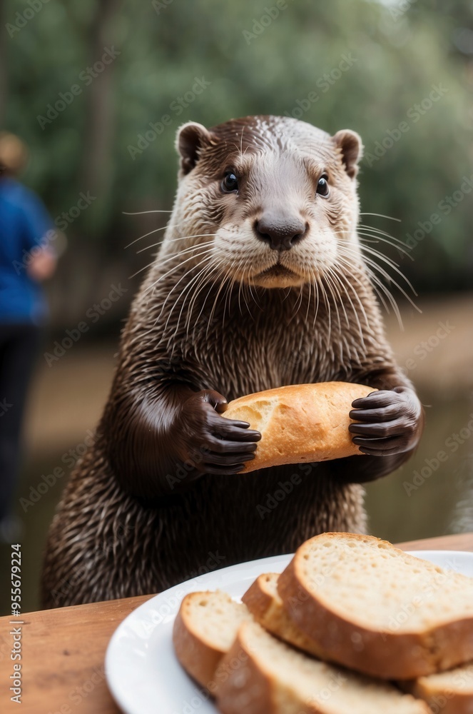 Wall mural a brown otter is eating bread near a pond