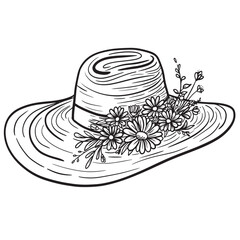 Line Art of Women's Straw Hat with Flowers &ndash; Coloring Page